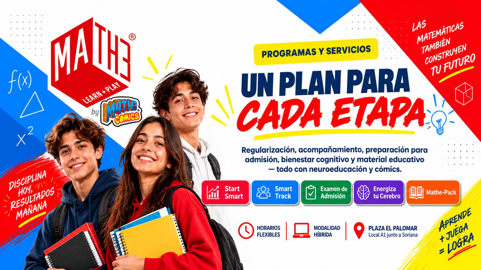 MatheComics — Un plan para cada etapa. Programas: Start Smart, Smart Track, Examen de Admisión, Energiza tu Cerebro y Mathe-Pack. Horarios flexibles, modalidad híbrida, Plaza El Palomar Local A1 junto a Soriana.